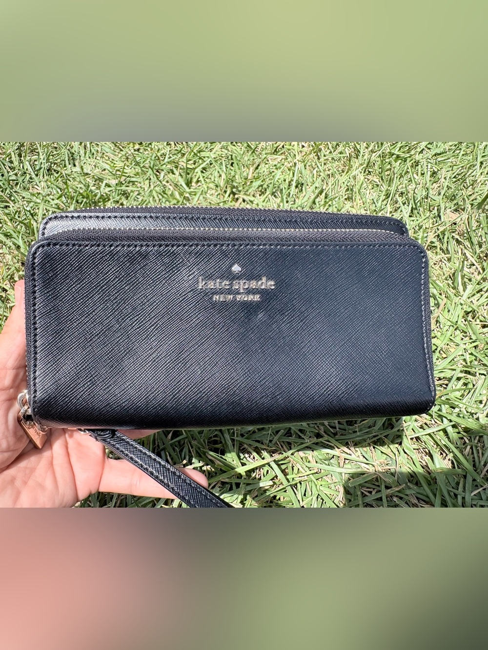 kate spade Black Textured Leather Wristlet with Logo